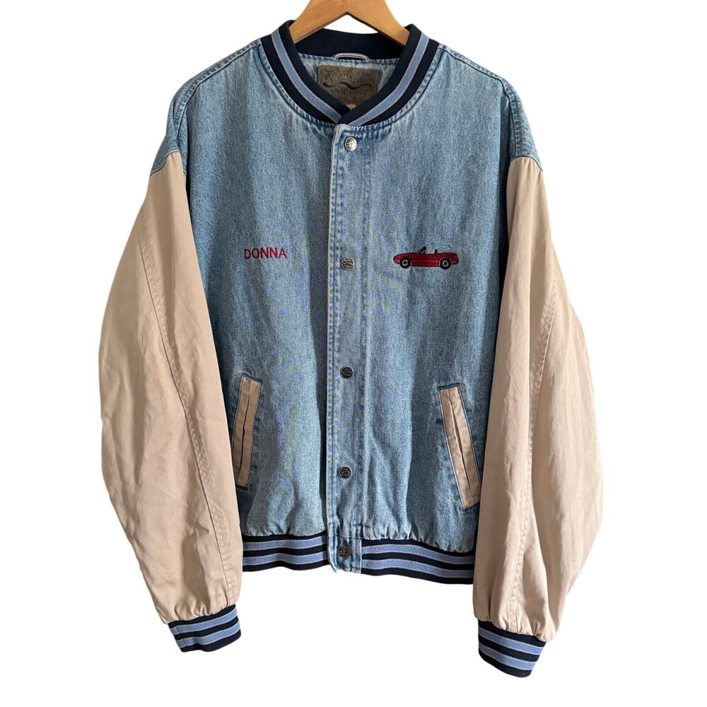 90s Vintage Port Authority Denim Varsity Jacket 1st gen Mazda Miata Donna XL